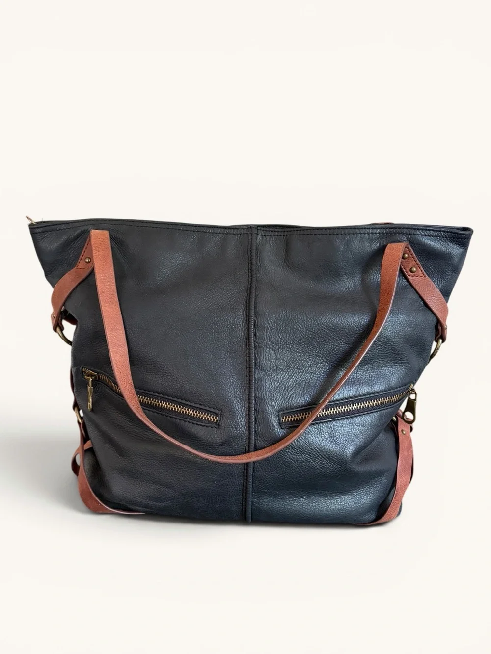 Lucky Brand Black Leather Tote with Brown Straps